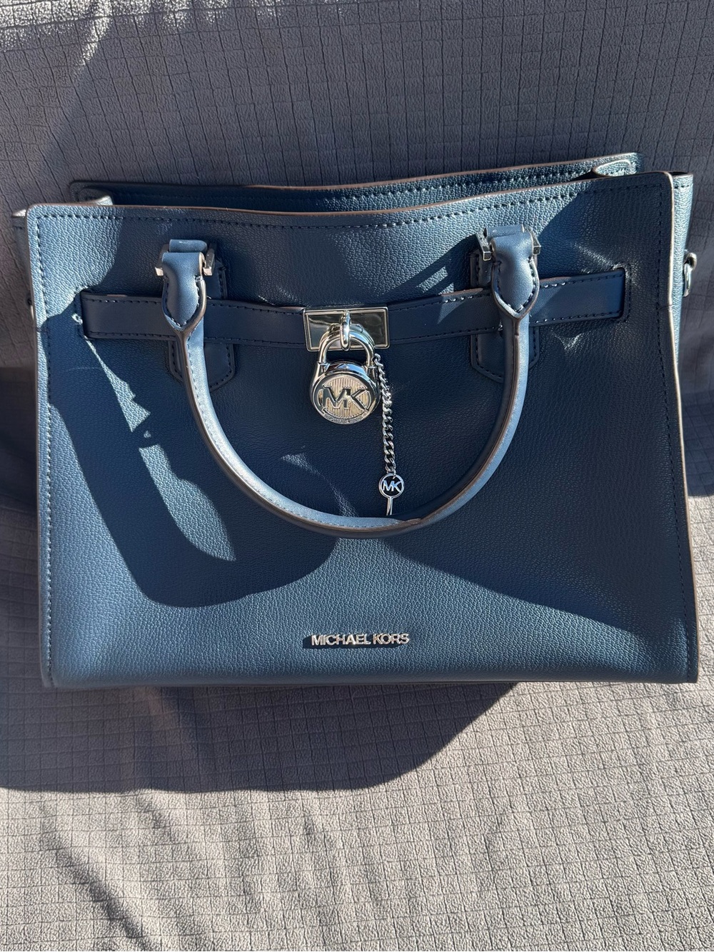 Michael Kors Navy Pebbled Leather Satchel with Logo Charm